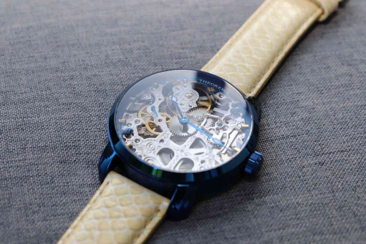 Made in Germany Venezia Theorema GM-118-5 skeleton dial watch for men with leather band and thin blue hands