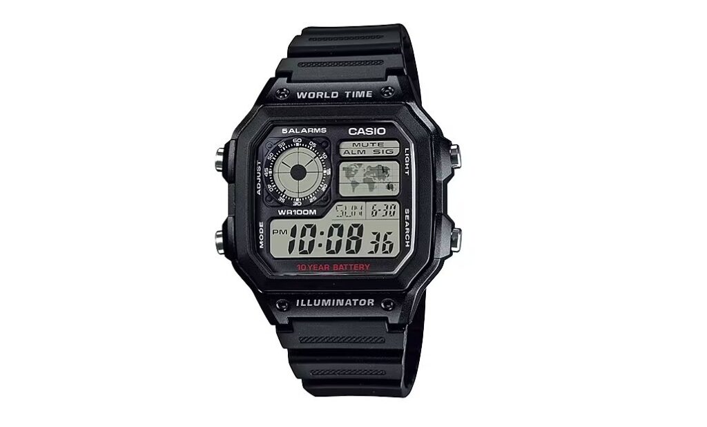 Casio World Time GMT watch for men with a black strap and electric dial, 5 alarms and a stopwatch