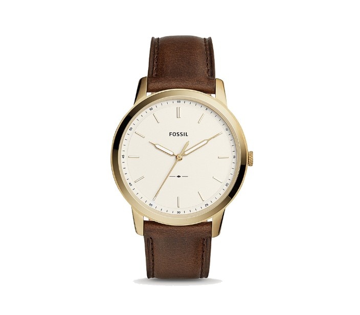 Fossil Minimalist Three-Hand Watch minimalist white dial dress watch for men with stick numerals and a brown leather band