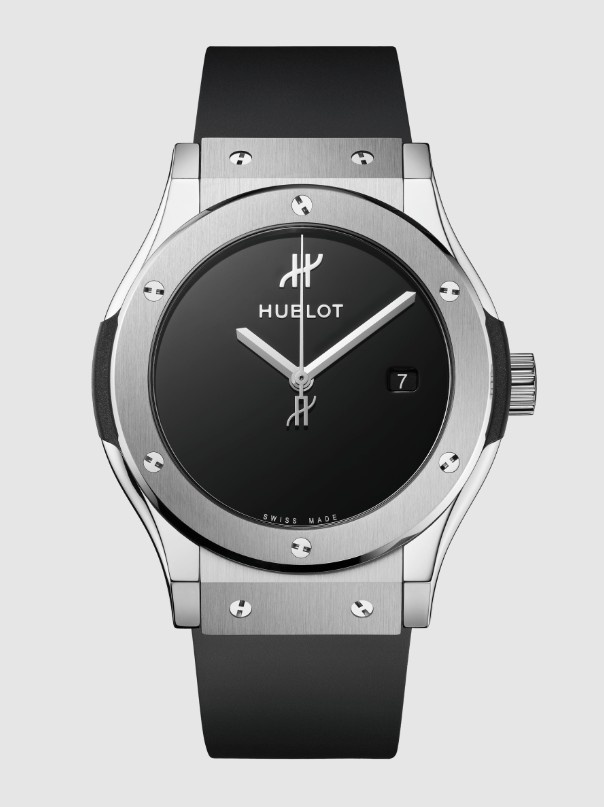 Hublot Classic Fusion Watch Original Titanium minimalist black dial watch for men with no numerals