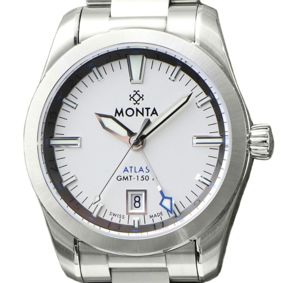 Monta Atlas GMT watch for men with a white dial, silver metal bracelet, date window and thick sword hands