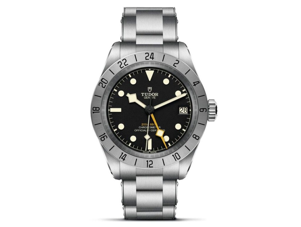 Tudor Black Bay Pro sports watch for men with a black dial, photoluminescent hands and a silver case and metal bracelet