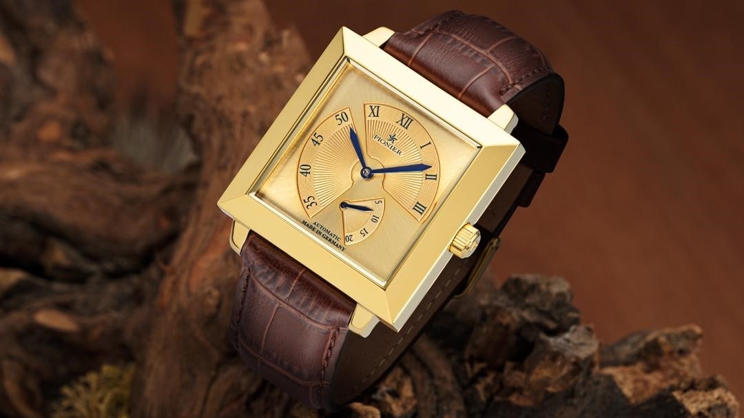 Tufina Louvre Pionier GM-517-4 Gold German dress watch for men with gold case and dial and a brown leather band
