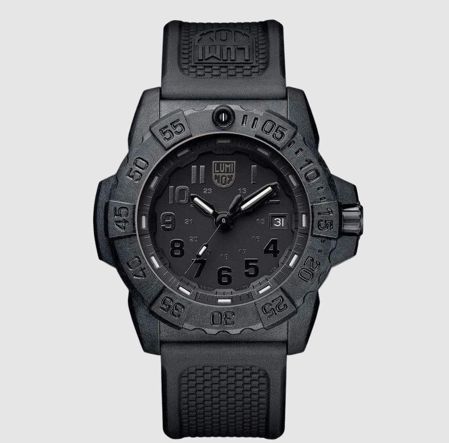 Luminox Navy SEAL 3500 Series black field watch for men, large bezel, sword hands and a date calendar