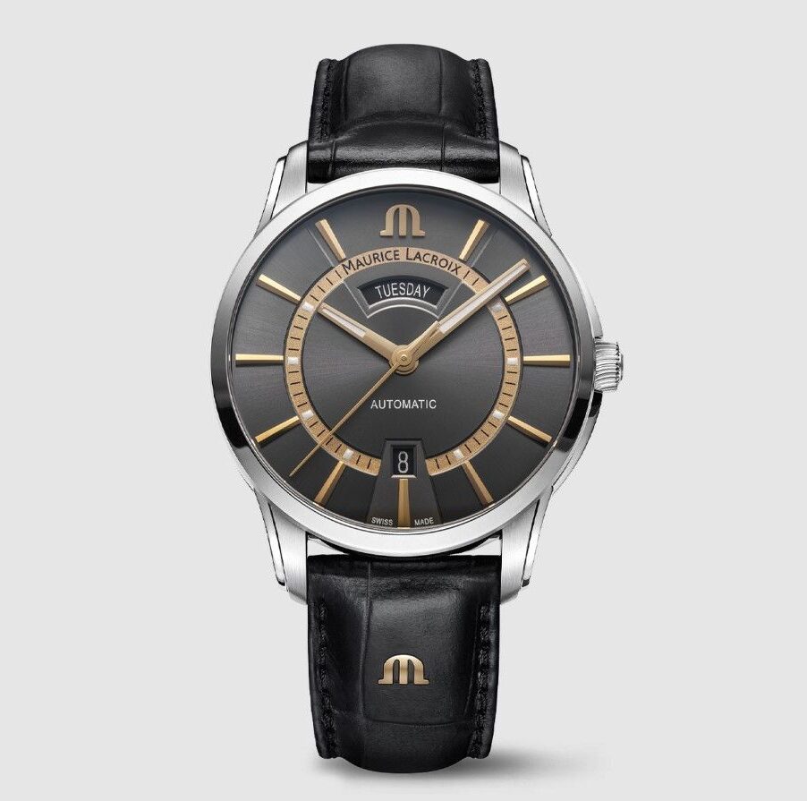 Maurice Lacroix Pontos Day Date watch elegant dress watch with a black dial, gold markers and a black leather band